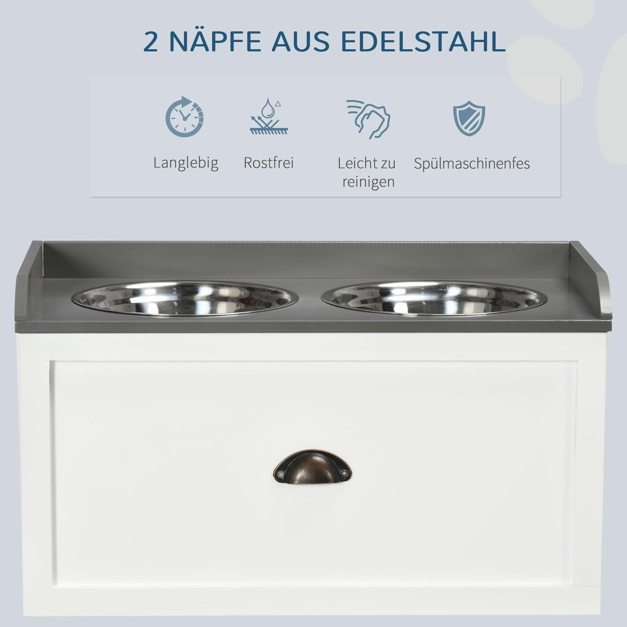 Futterspender mit zwei Edelstahlnäpfen.