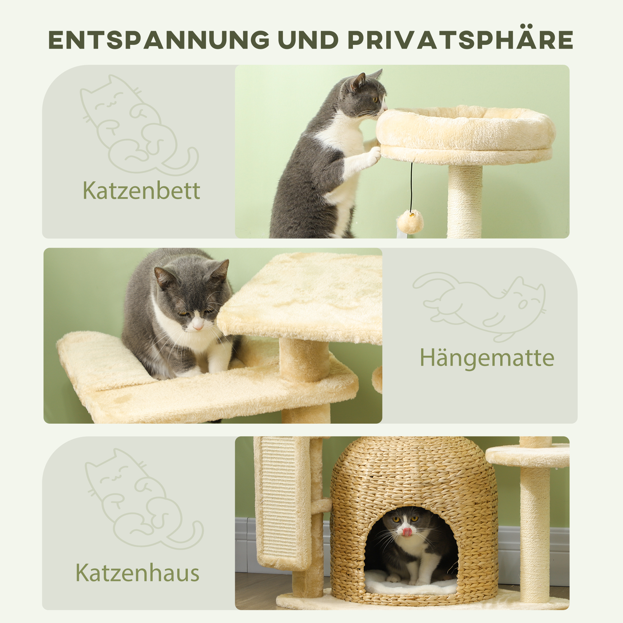 Ein Bild zeigt einen Katzenbaum mit einer Katze darin, beschriftet Katzehaus, mit anderen Katzenbetten und Hängematten.