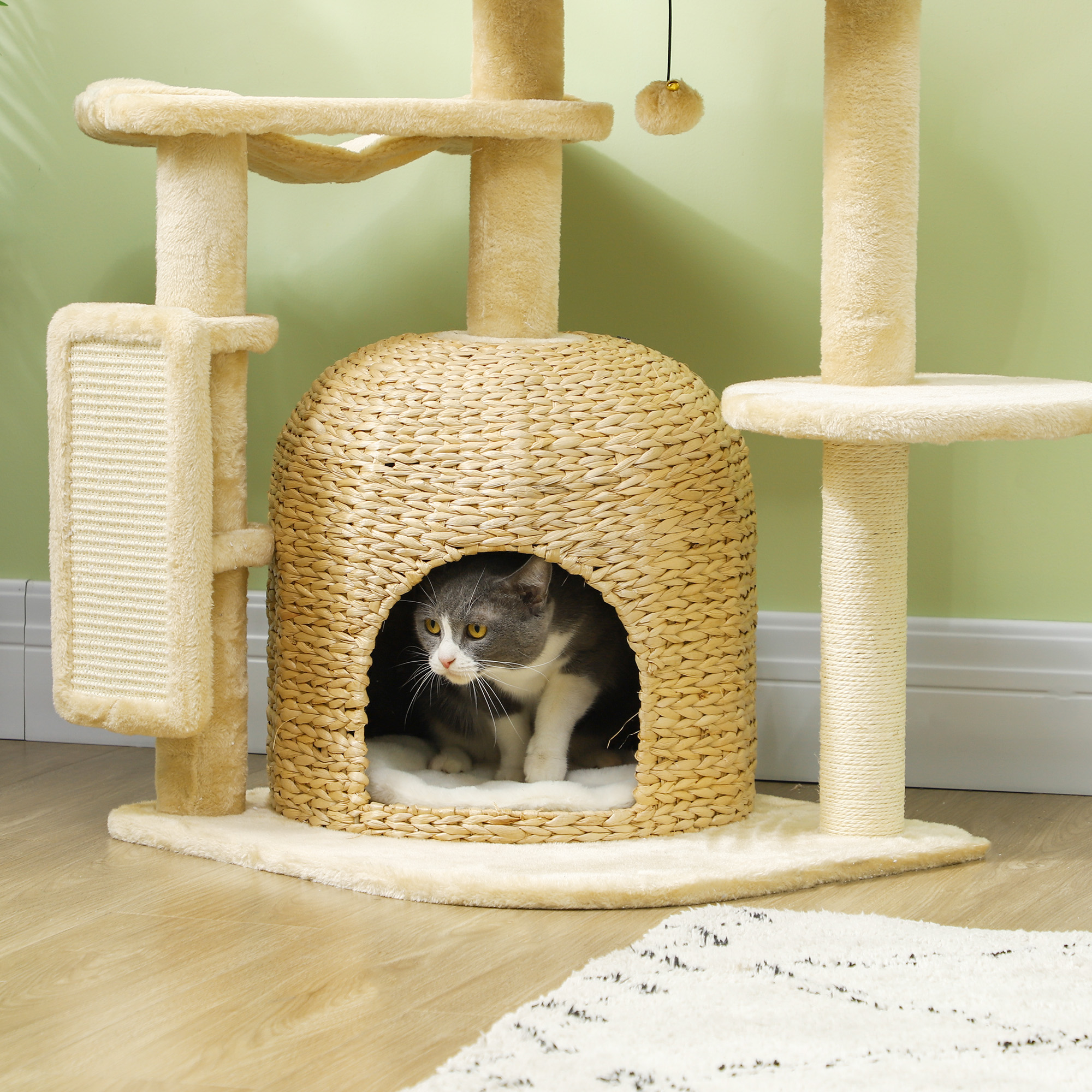 Katze sitzt in einem Katzenbaumhaus.