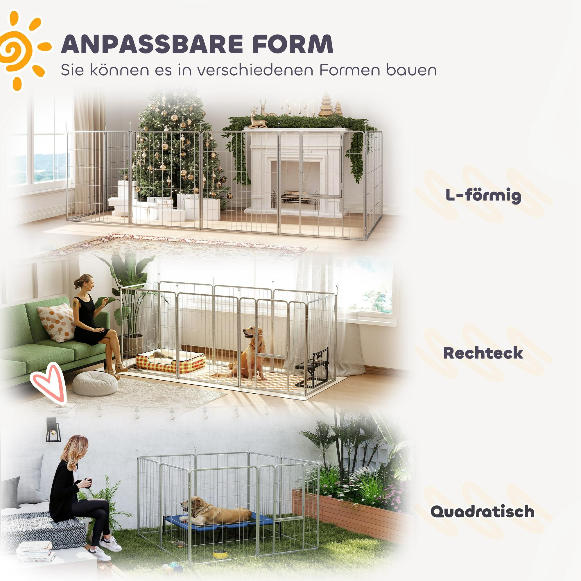 Ein Hundeauslauf in verschiedenen Formen: L-Form, rechteckig und quadratisch.