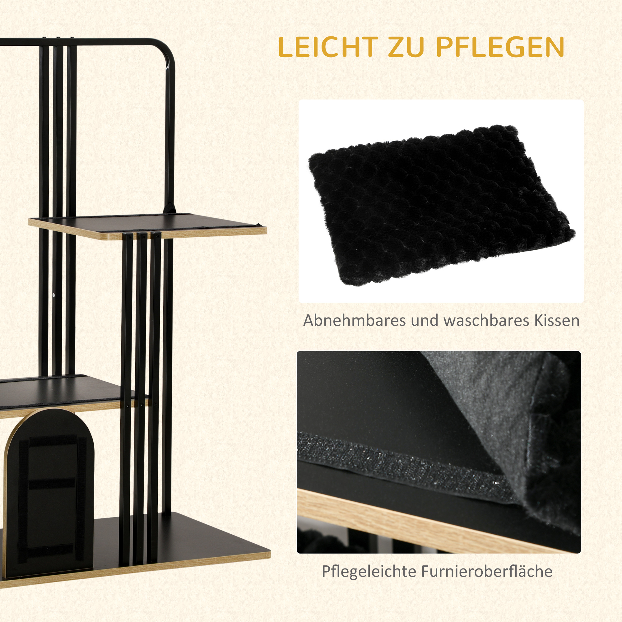 Kratzbaum, schwarz und Holzfarbe, mit Plattformen und abnehmbarem Kissen, Nahaufnahme von Details.