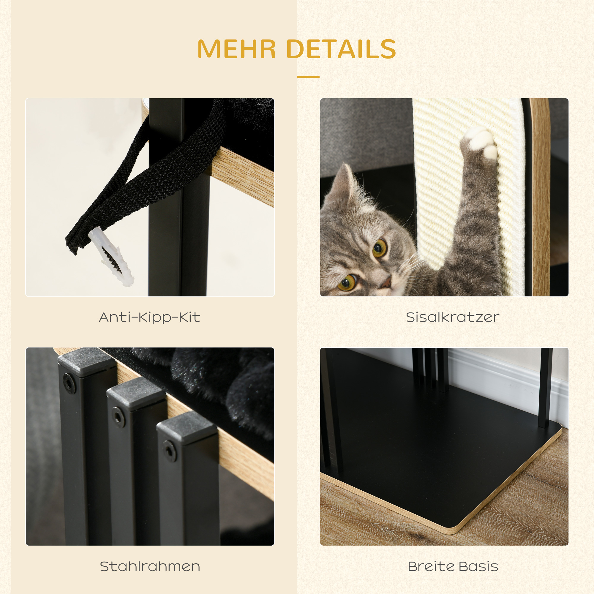 Details des Kratzbaums, einschließlich Kippschutz, Kratzstamm, Stahlrahmen und breite Basis.