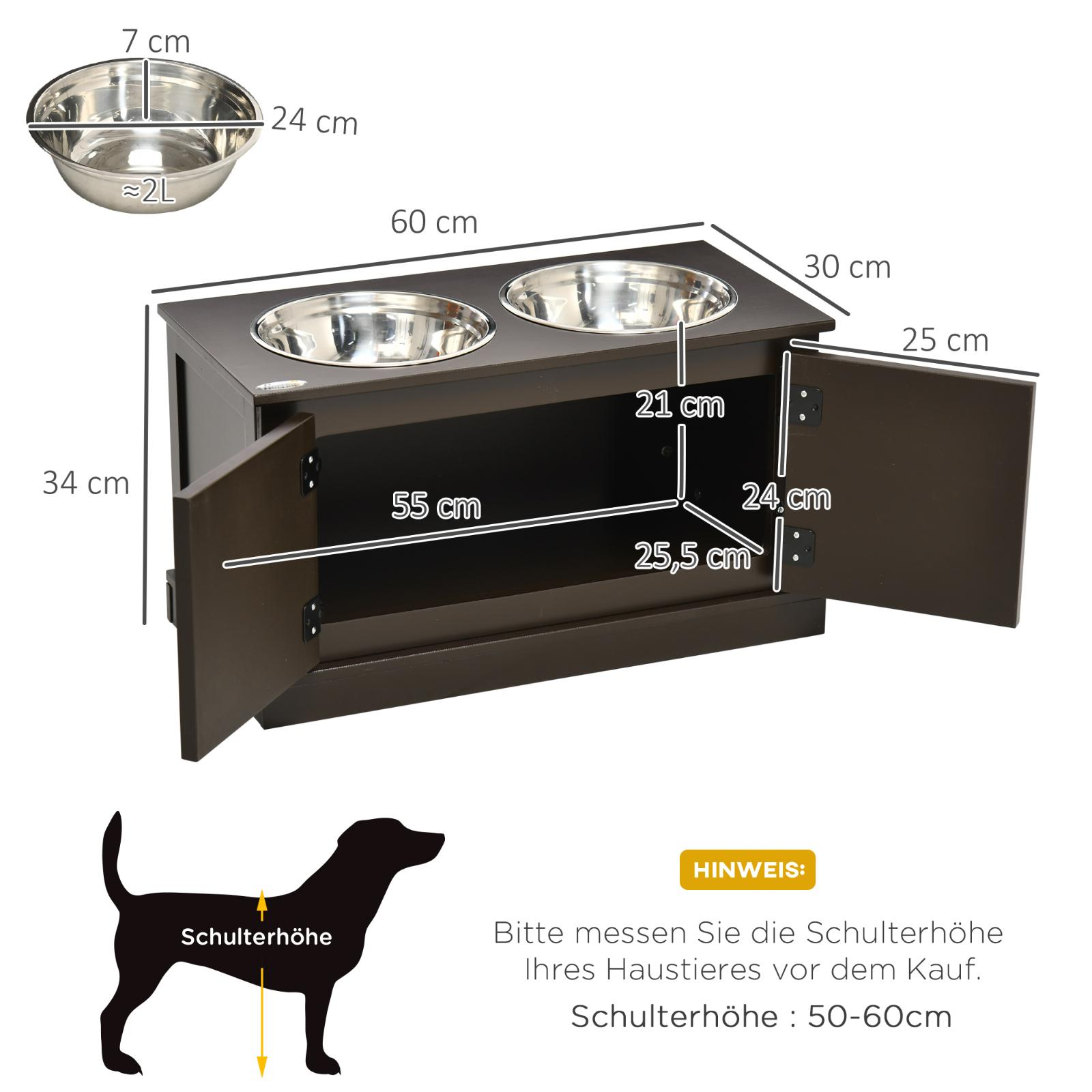Brauner Schrank mit zwei Edelstahlnäpfen. Maße und eine Hundesilhouette sind abgebildet.