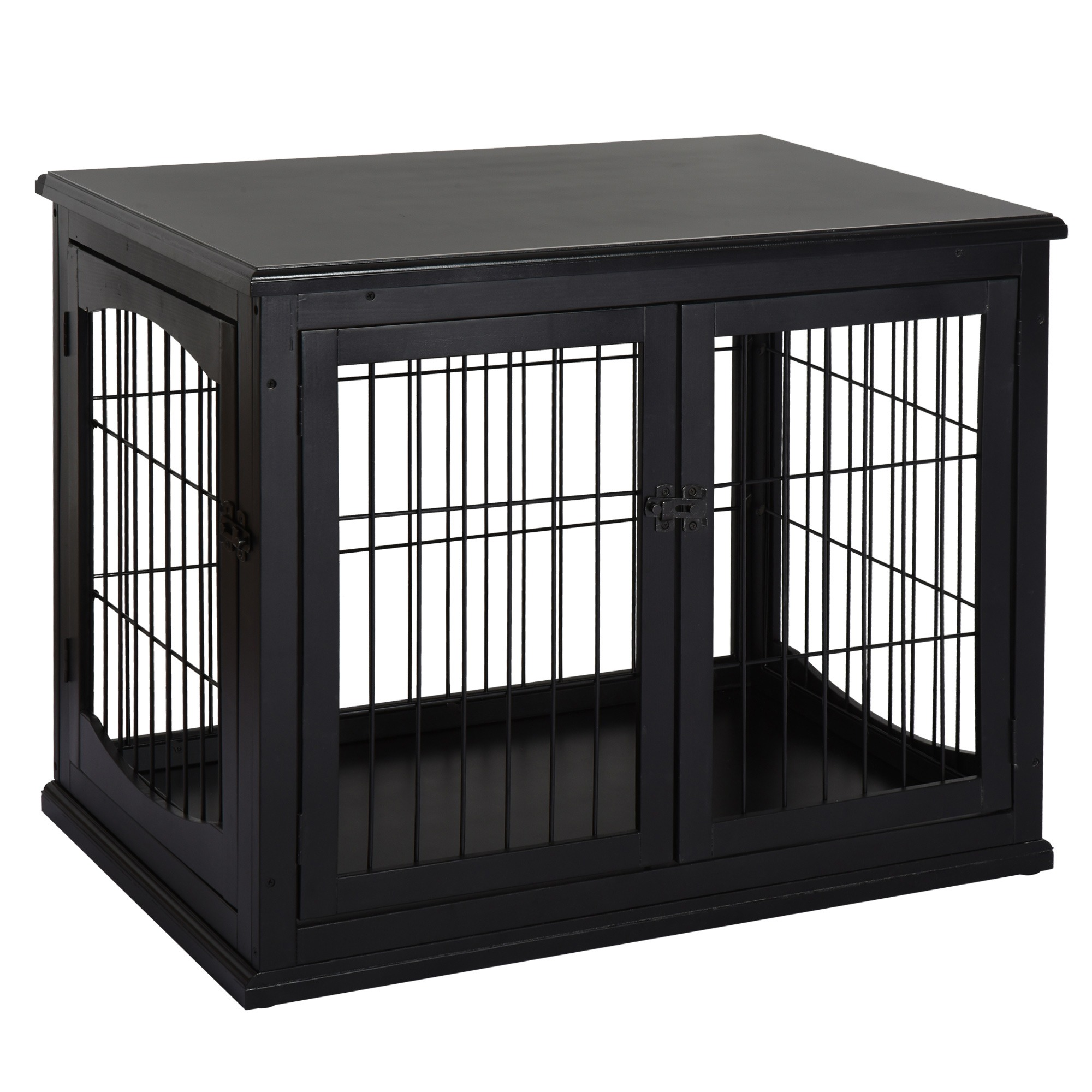 Schwarze Hundebox, mit zwei Türen, zeigt die Details des Rahmens, in einem Raum.