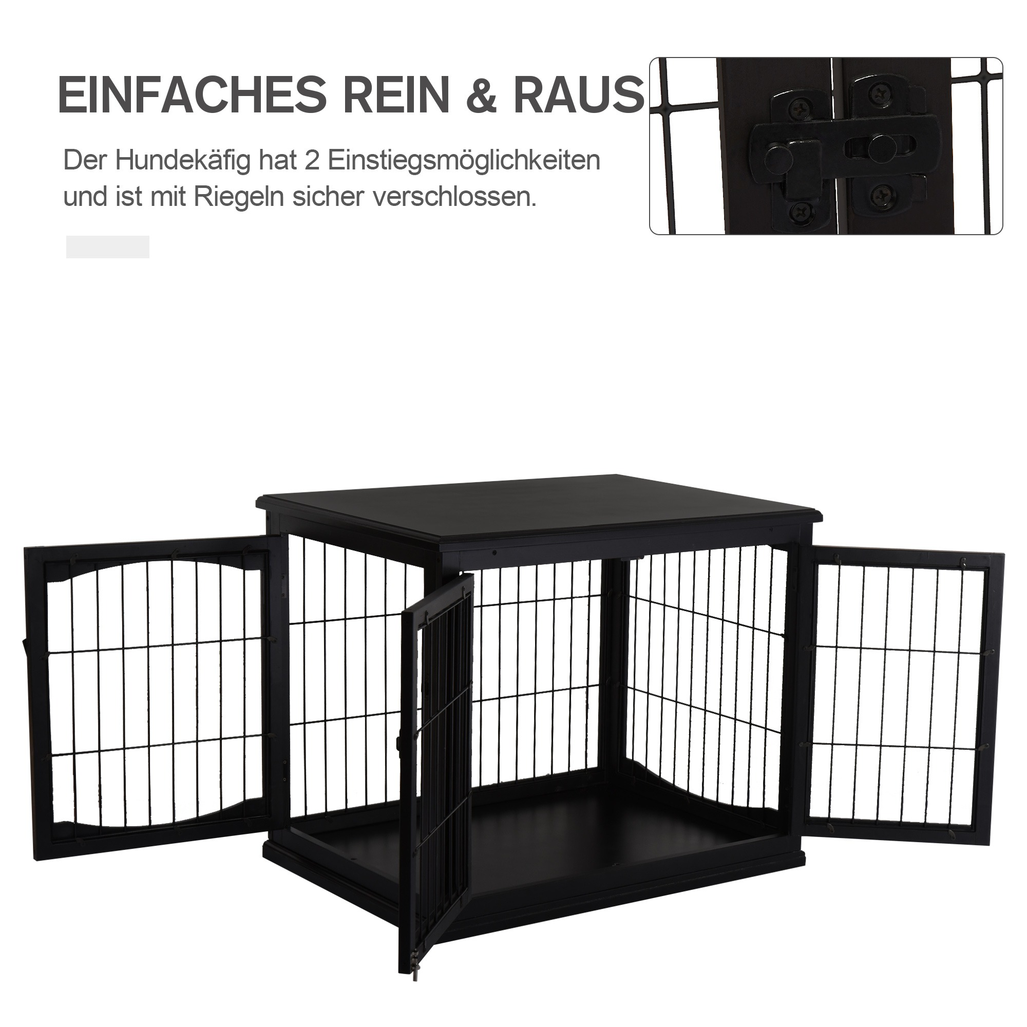 Schwarze Hundebox mit offenen Türen. Zeigt das Innere und den Verriegelungsmechanismus. Weißer Hintergrund.