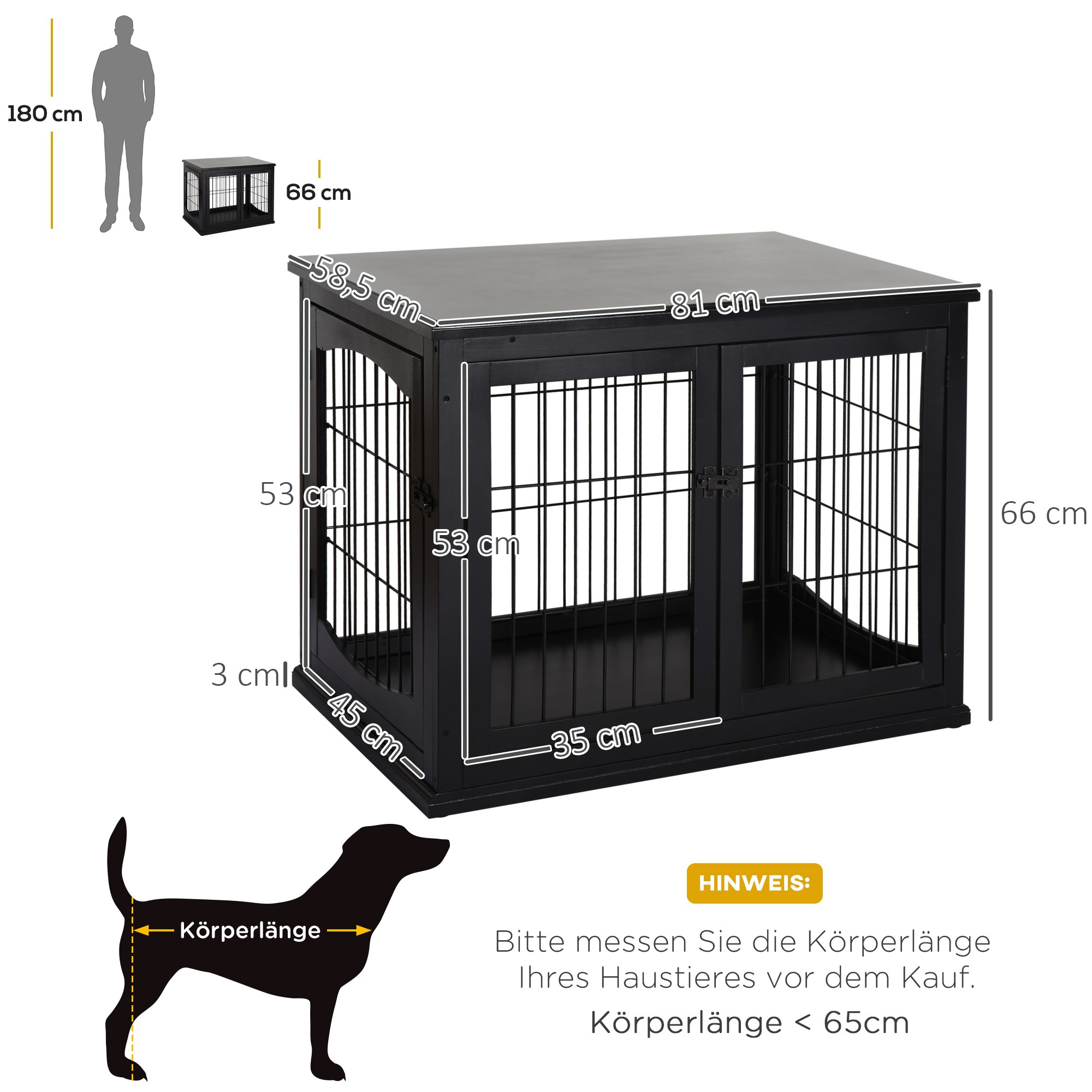 Schwarze Hundebox mit Abmessungen, die Größe und Maße des Produkts zeigend.