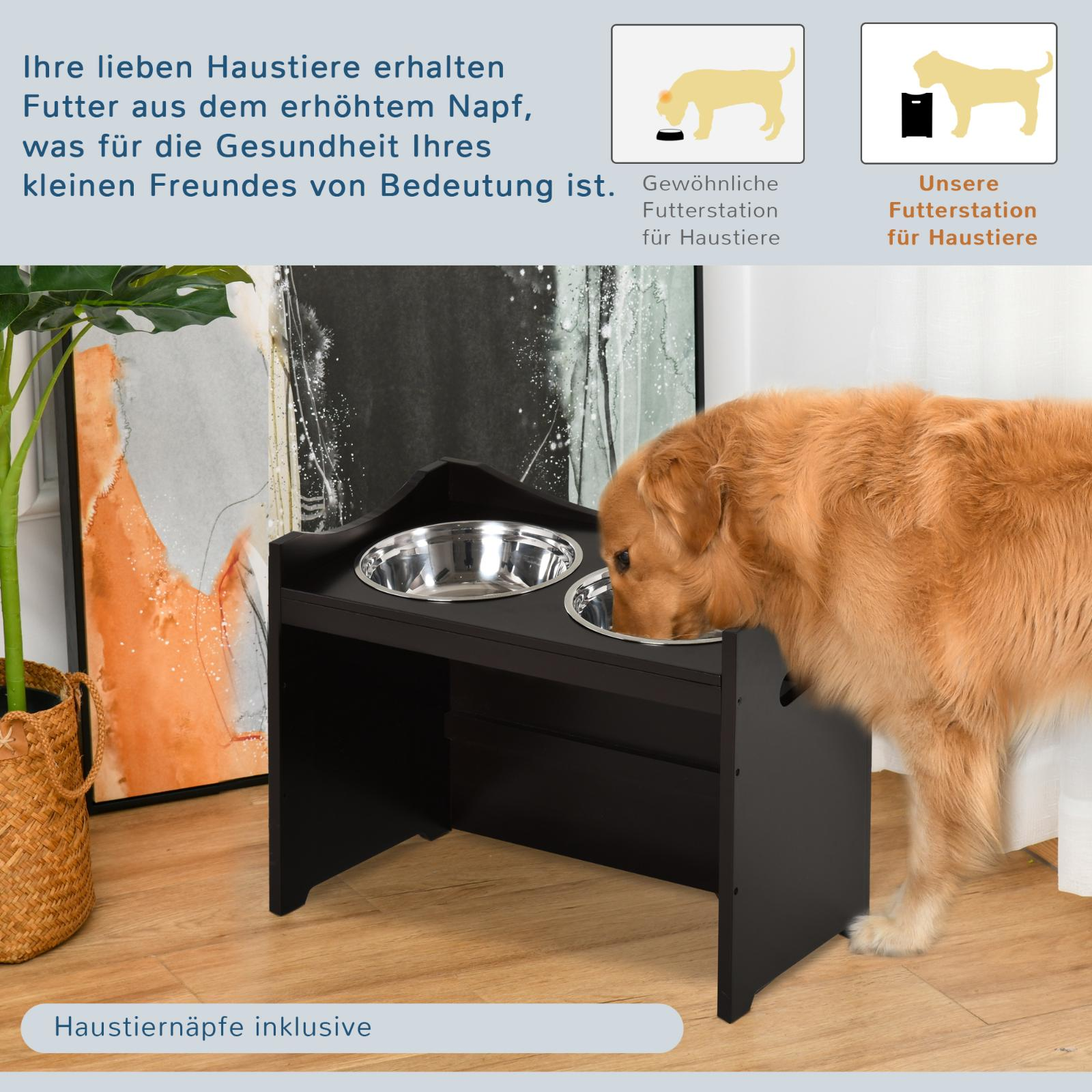 Hund frisst von einem erhöhten schwarzen Futternapf-Ständer mit zwei Edelstahlnäpfen.