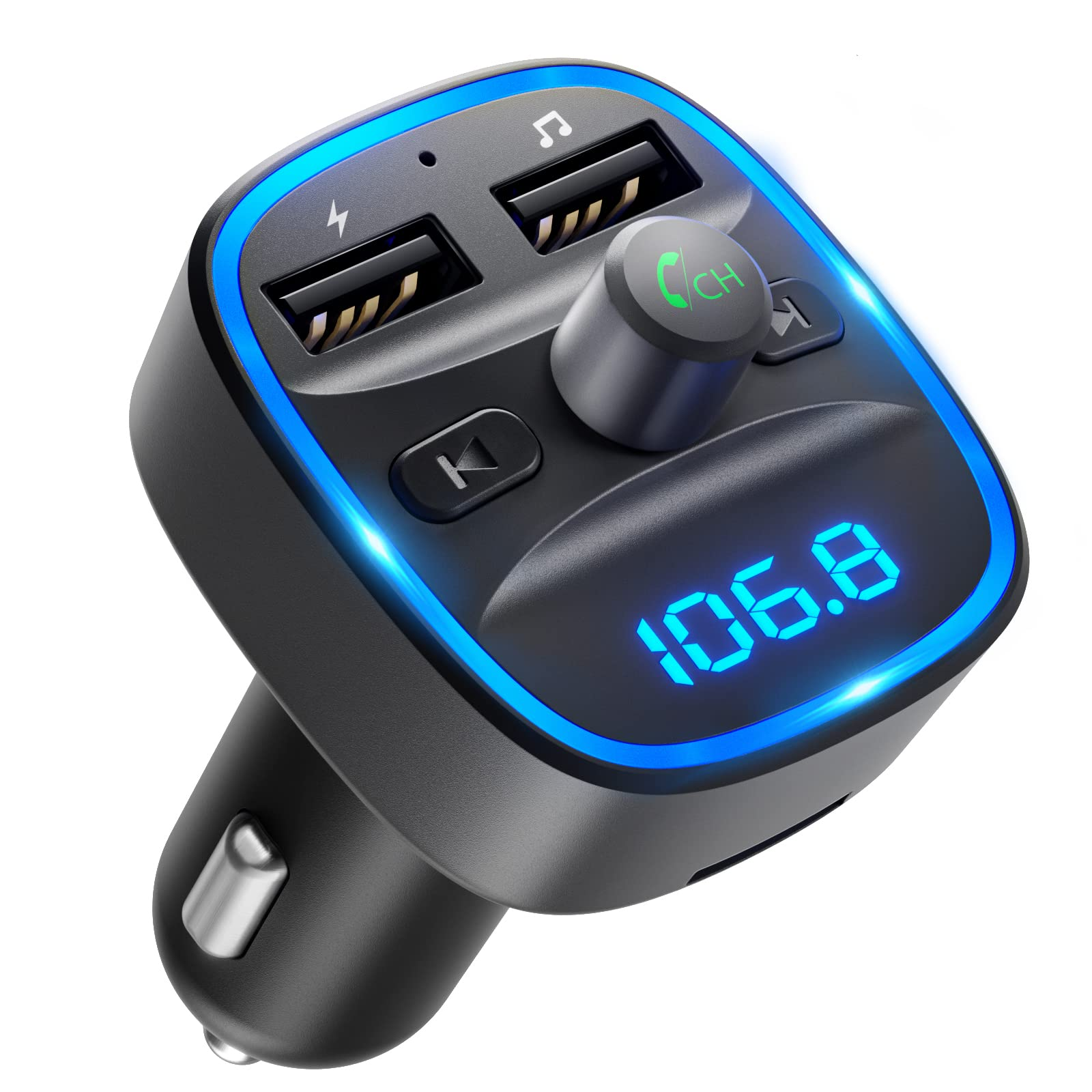 Schwarzes Autoladegerät mit USB-Anschlüssen und Digitalanzeige 106.8.