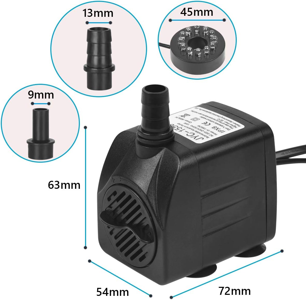 Schwarze Wasserpumpe mit Abmessungen, LED-Ringlicht und Schlauchadaptern.
