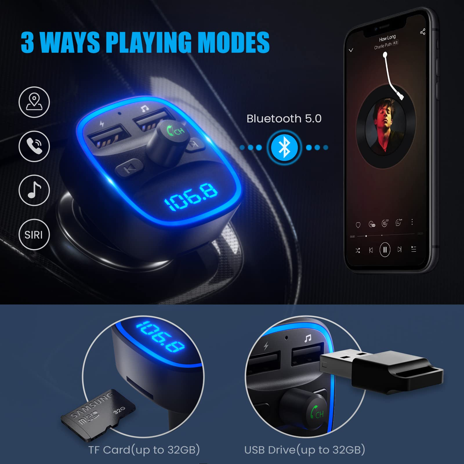 Schwarzes Autoladegerät mit Bildschirm, Bluetooth-Symbol und Telefon mit Musik.