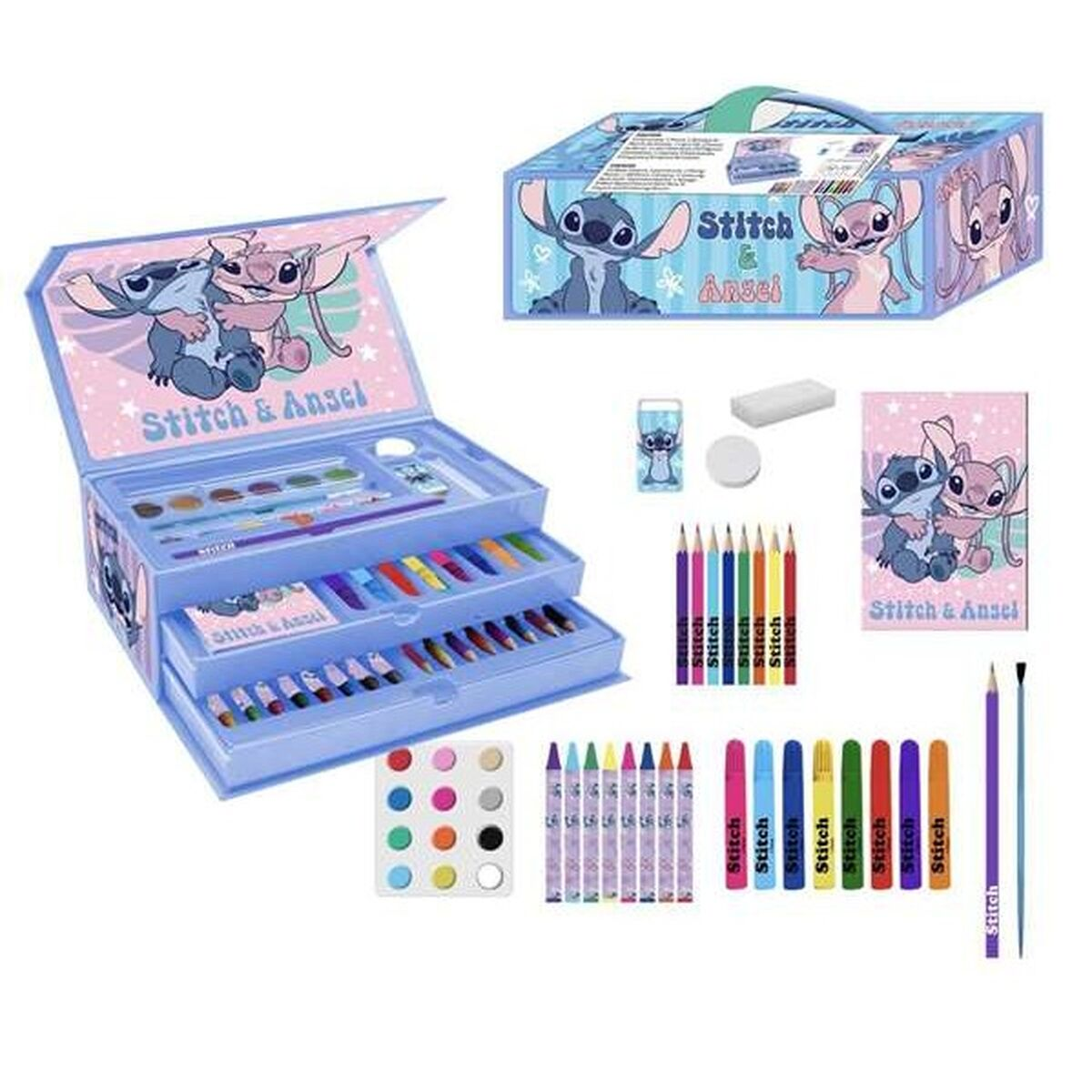 Set de arte de Stitch & Angel con útiles de dibujo, pintura y una caja azul con los personajes.