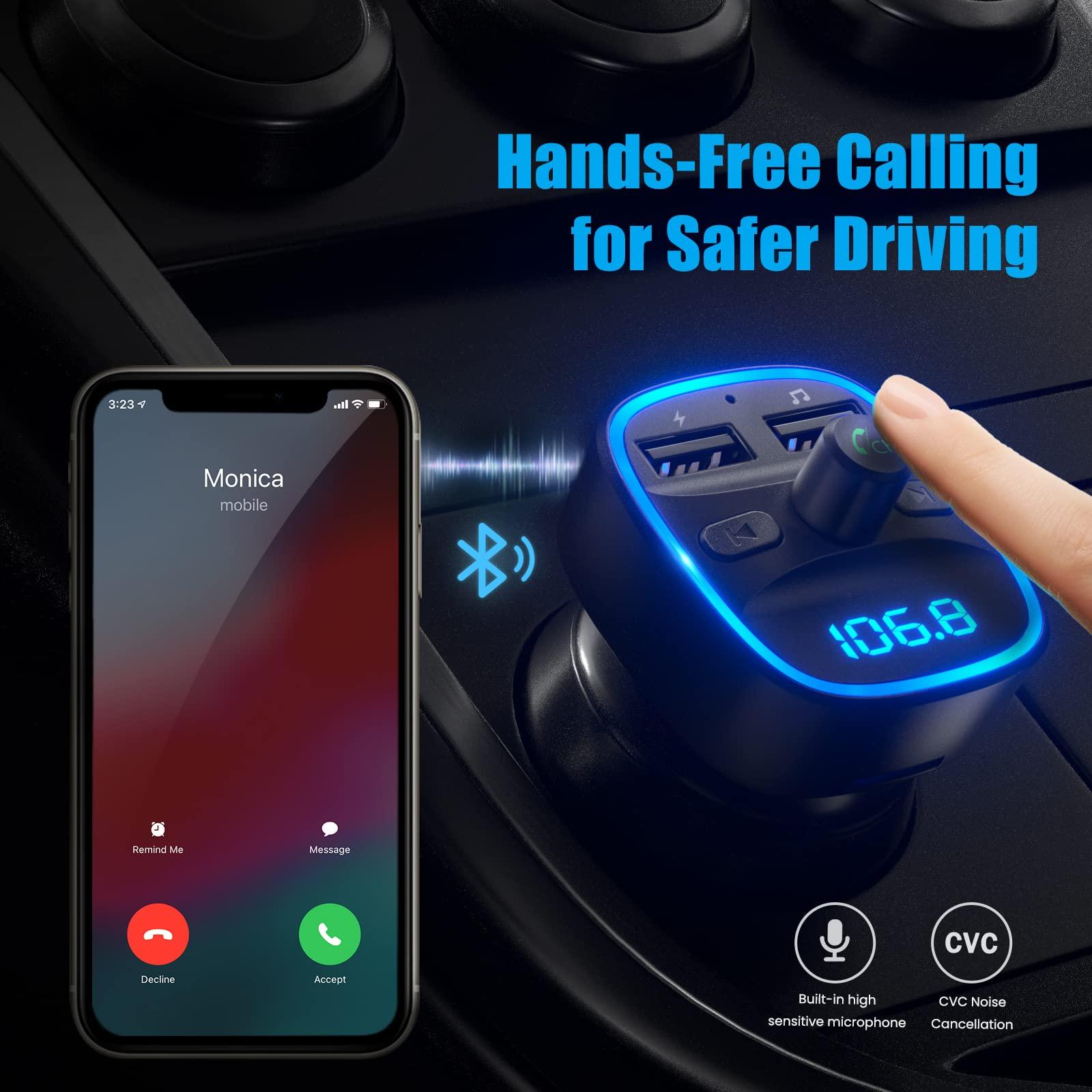Bluetooth-Autogerät mit Telefon. Telefon zeigt Monica beim Anrufen. Gerät hat Knöpfe und Bildschirm mit 106.8, schwarz und blau.
