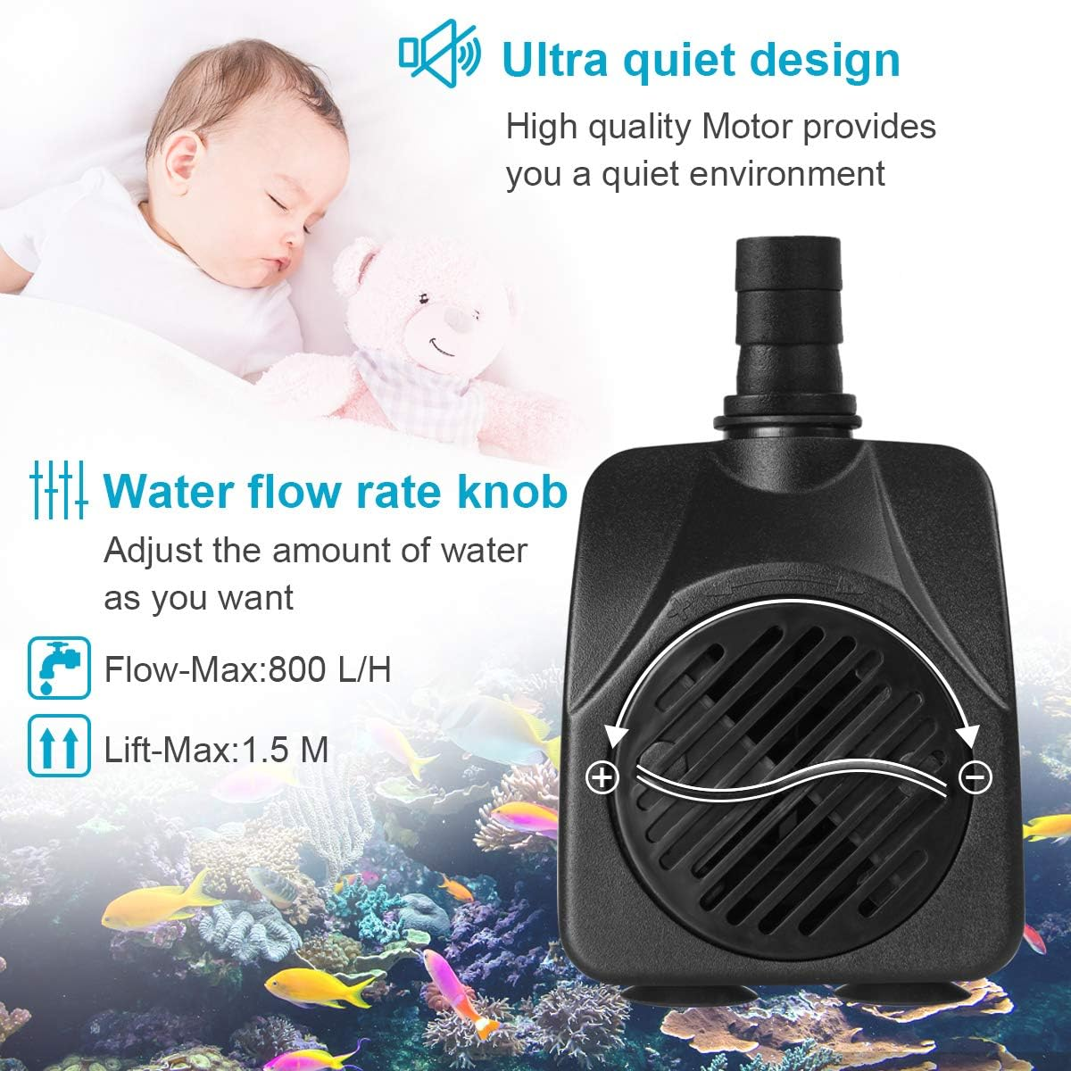 Eine schwarze Wasserpumpe mit Durchflussregler, im Hintergrund schläft ein Baby.