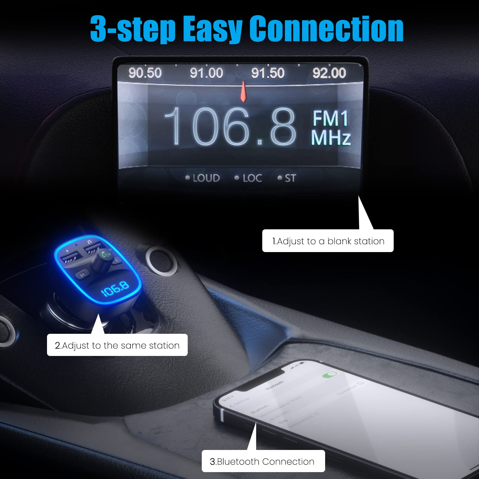 Auto-Innenraum mit Bluetooth-Gerät, Autoradio mit 106.8 und Smartphone. Anweisungen zum Verbinden des Geräts werden angezeigt.