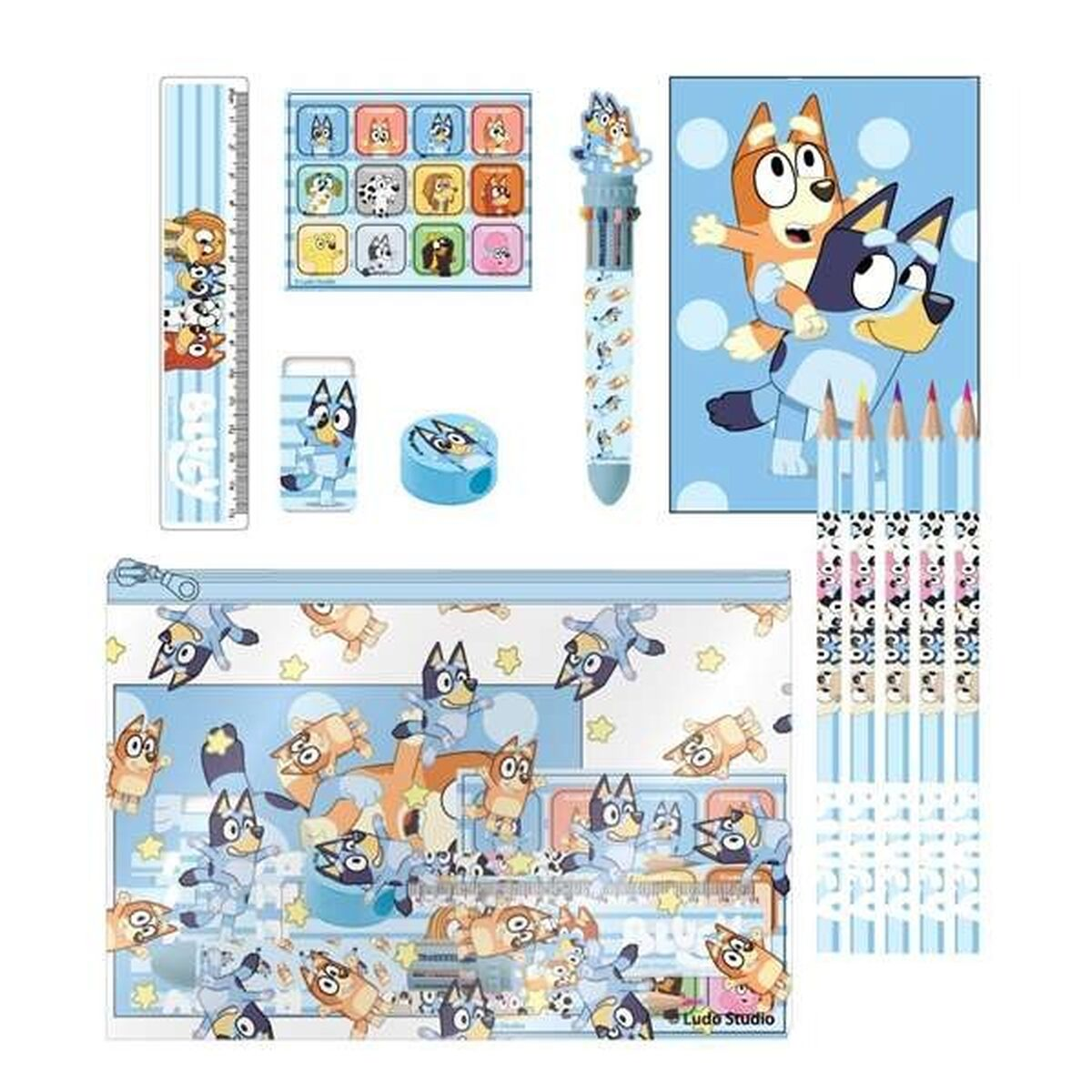 Bluey-Themen-Schreibwarenset. Enthält Lineal, Aufkleber, Bleistifte, Stift, Radiergummi, Spitzer und Federmäppchen mit Bluey-Charakteren.
