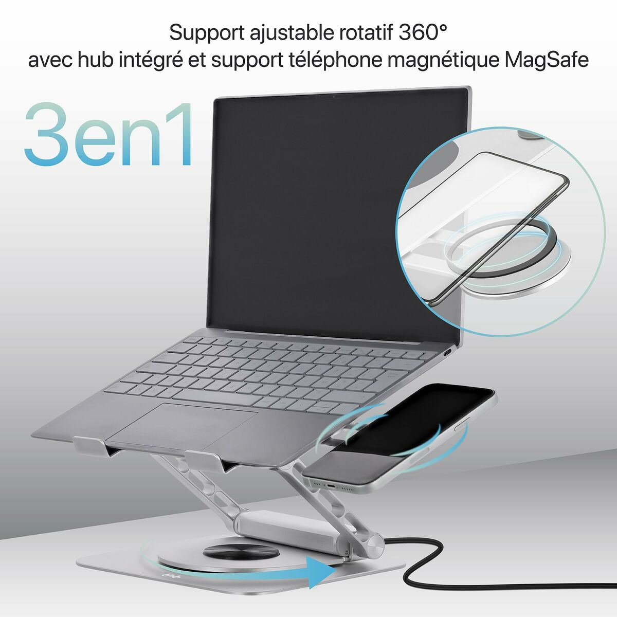 Supporto per laptop con un laptop e un telefono. Il supporto è argentato e ha del testo. Supporta telefono e laptop.