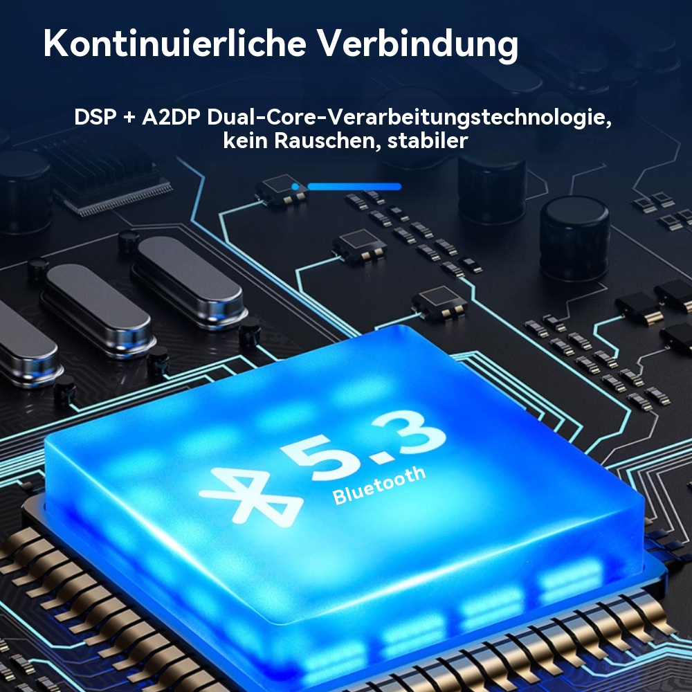 Nahaufnahme einer blauen Leiterplatte mit Bluetooth 5.3 Text. Elektronische Komponenten sind sichtbar.