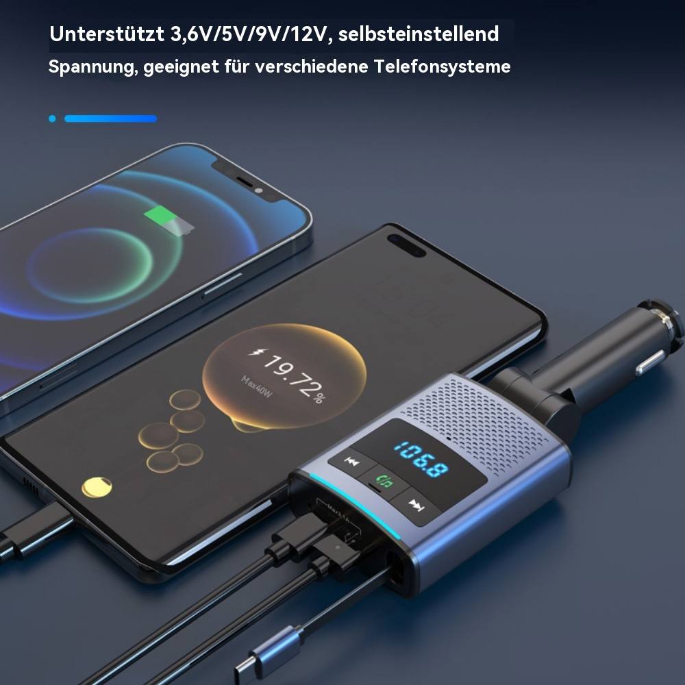 Auto-FM-Sender, der Telefone auflädt. Zwei Telefone werden aufgeladen. Der Bildschirm zeigt 106.8. Dunkler Hintergrund.