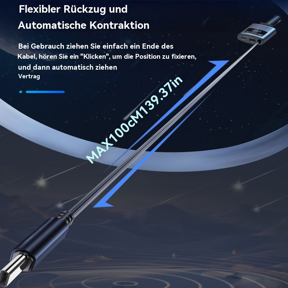 Einziehbares Kabel mit USB-C-Anschluss. Text beschreibt Eigenschaften und Länge, mit blauem Pfeil.