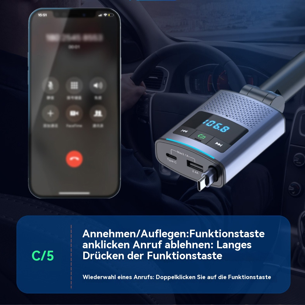 Freisprecheinrichtung. Ein Telefon zeigt einen Anrufbildschirm. Das Kit hat ein Display mit 106.8 und Tasten.