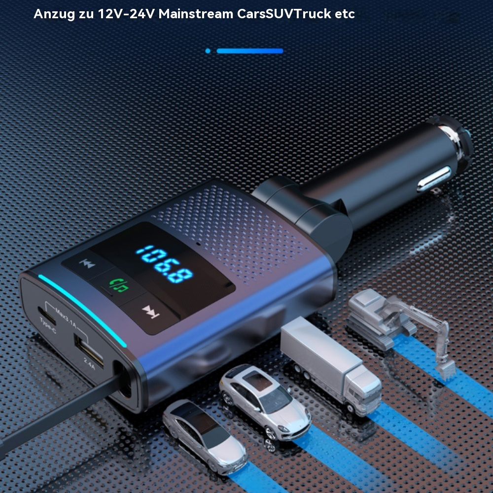 Ein Auto-Kit mit einem Display mit 106,8 befindet sich neben Spielzeugfahrzeugen, darunter ein Auto und ein LKW.