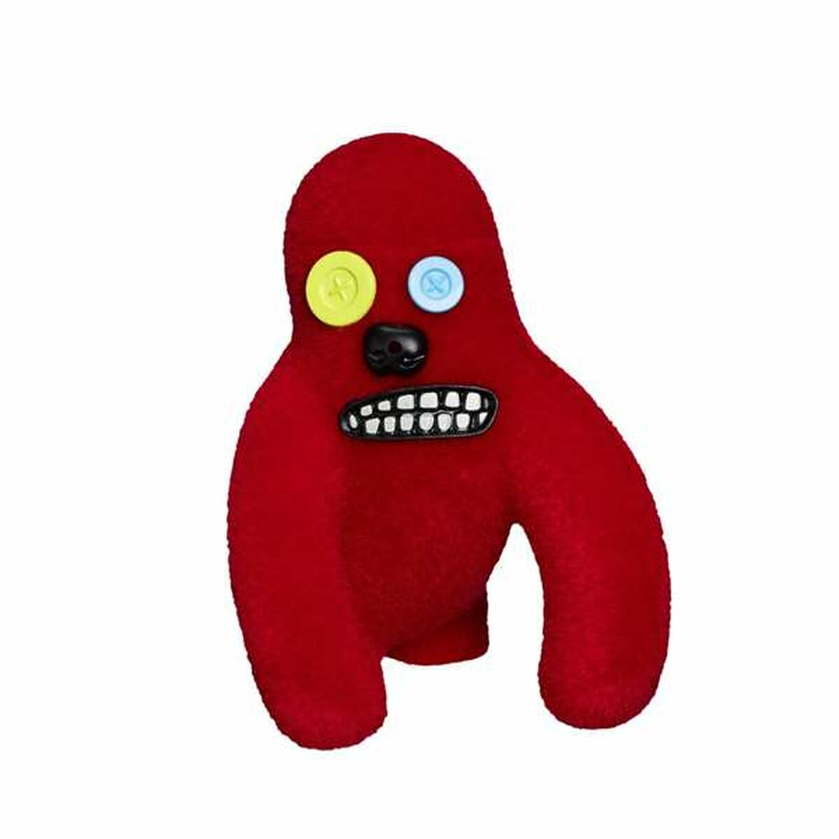Ein rotes Monster-Plüschtier mit gelben und blauen Augen wird gezeigt. Es hat einen offenen Mund mit weißen Zähnen.