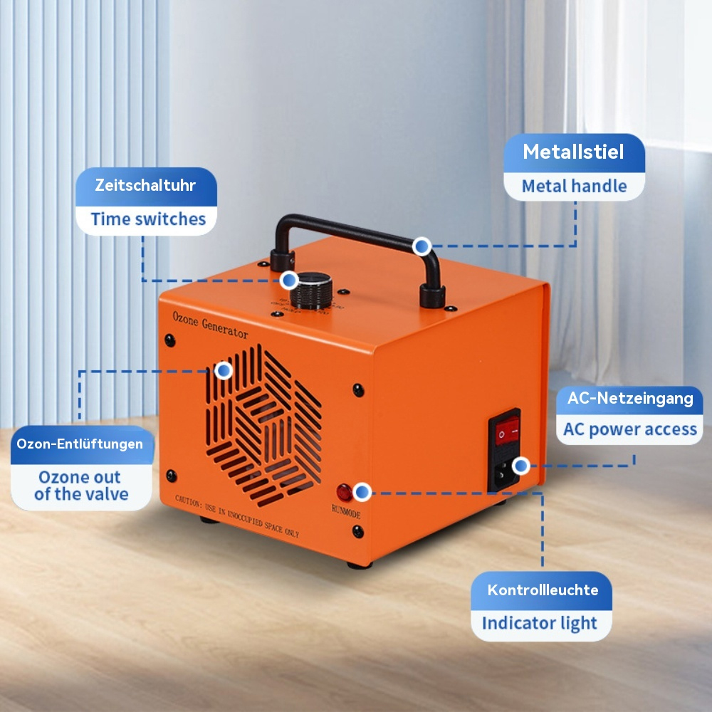 Orangener Ozongenerator mit schwarzem Griff, Knöpfen und Lüftungsöffnungen. Beschriftete Komponenten auf Holz.