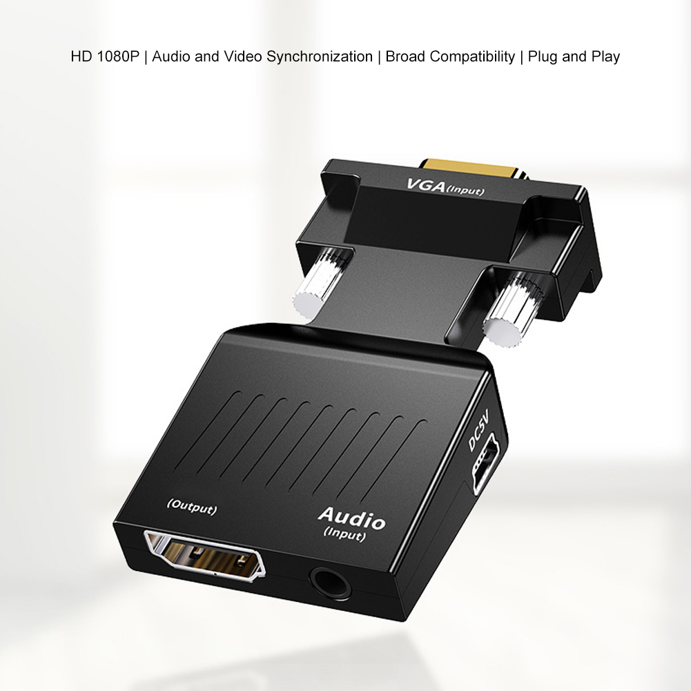 Schwarzer VGA-zu-HDMI-Adapter mit Audioeingängen und DC-Strom, Text über HD und breite Kompatibilität.