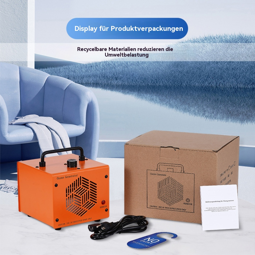 Ein orangefarbener Ozongenerator mit schwarzem Kabel und Karton mit Schild.