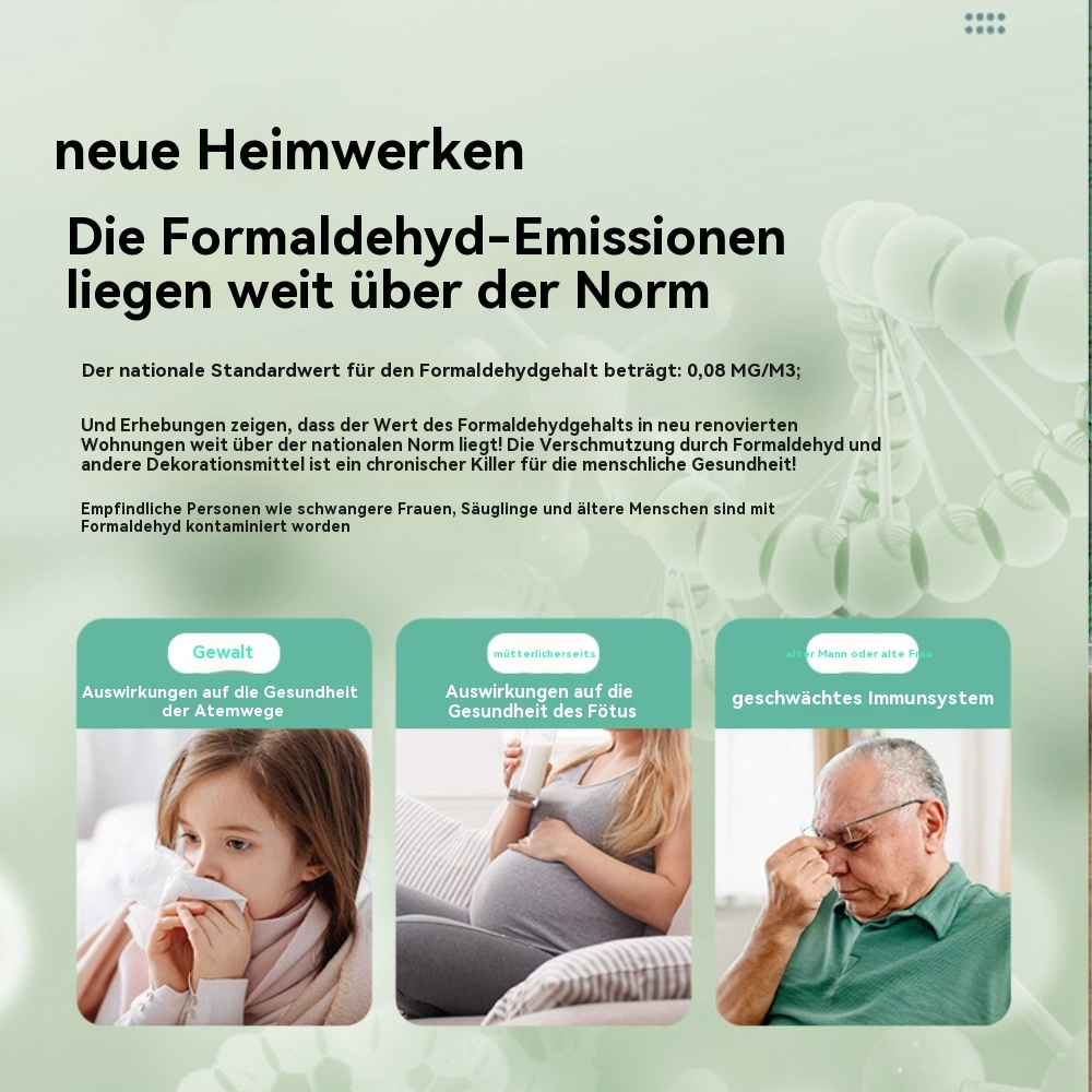 Bild zeigt die Auswirkungen von Formaldehyd mit Kind, Schwangerer und älterer Person.