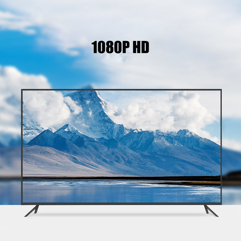 Ein Breitbildfernseher, der eine schneebedeckte Berglandschaft unter blauem Himmel zeigt. Text: 1080P HD.
