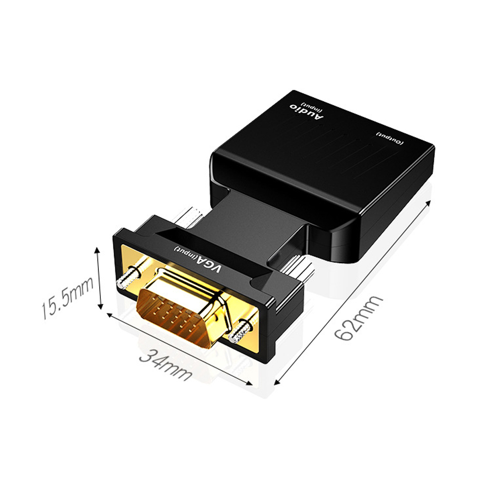 Schwarzer VGA-zu-Audio-Adapter. Der Adapter hat einen goldenen VGA-Eingang und -Ausgänge. Abmessungen: 62 mm x 34 mm x 15,5 mm.