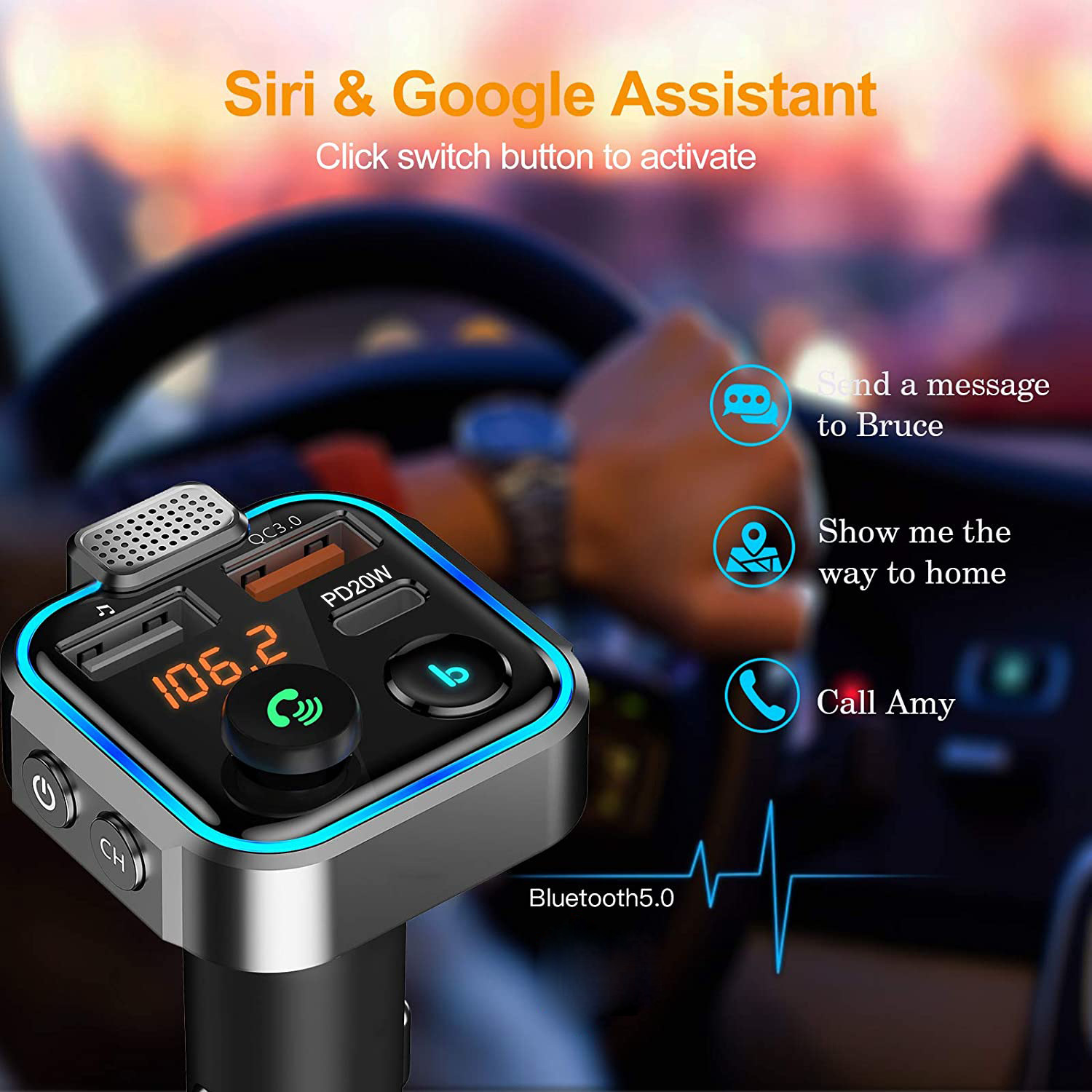 Kfz-Ladegerät mit USB-Anschlüssen und Digitalanzeige. Das Display zeigt 106,2 an. Text: Siri & Google Assistant.
