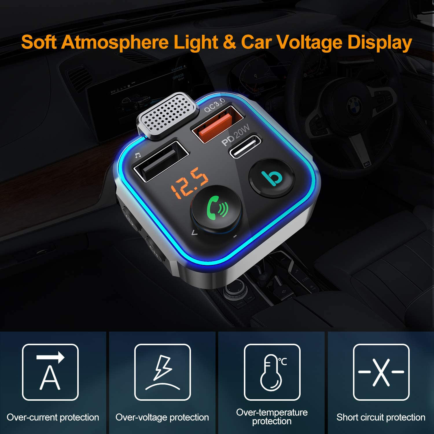 Kfz-Ladegerät mit USB-Anschlüssen und Digitalanzeige. Das Display zeigt 12,5 an. Text: Soft Atmosphere Light & Car Voltage Display.