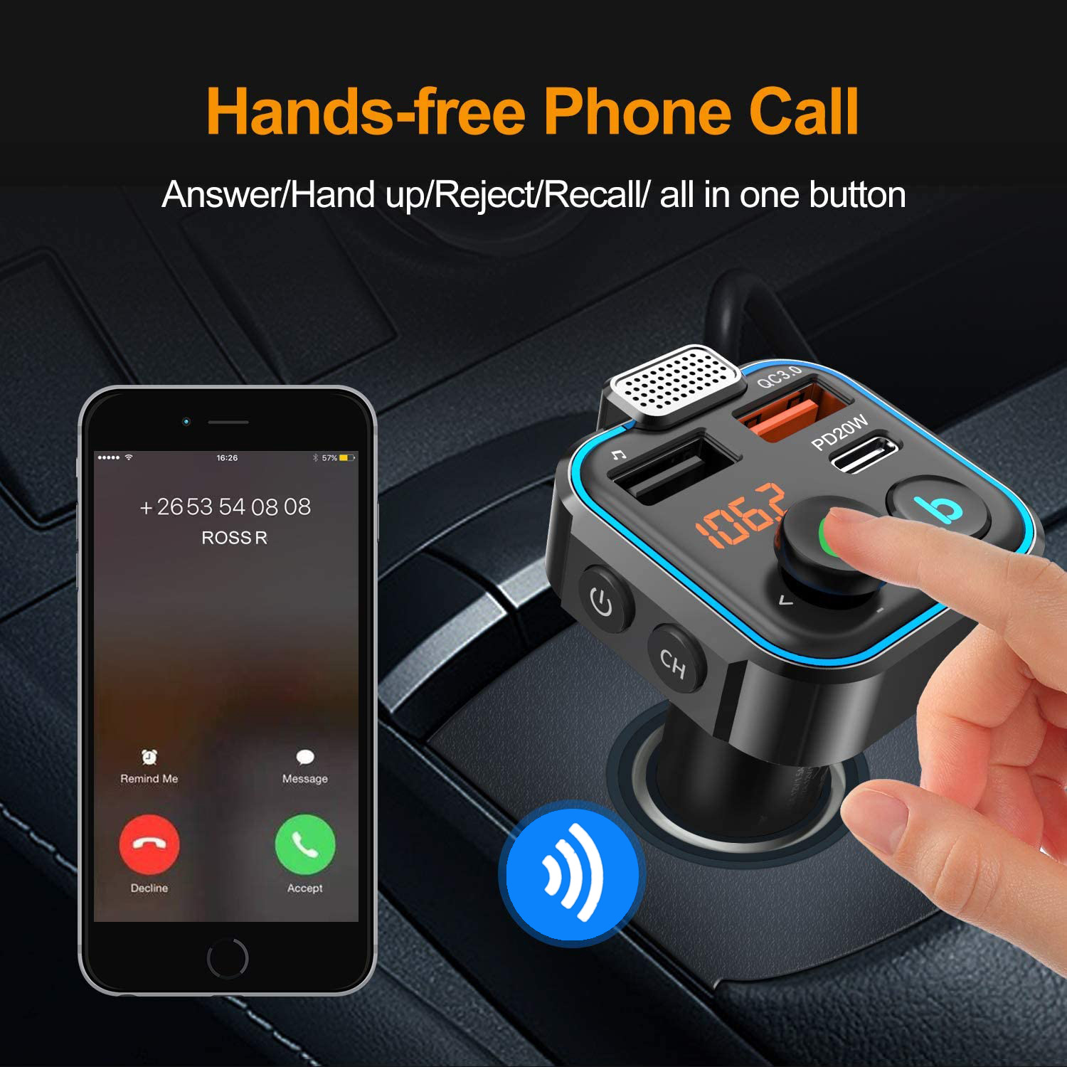 Autoladegerät mit Telefon, das einen Anrufbildschirm zeigt. Das Ladegerät hat ein Display.
