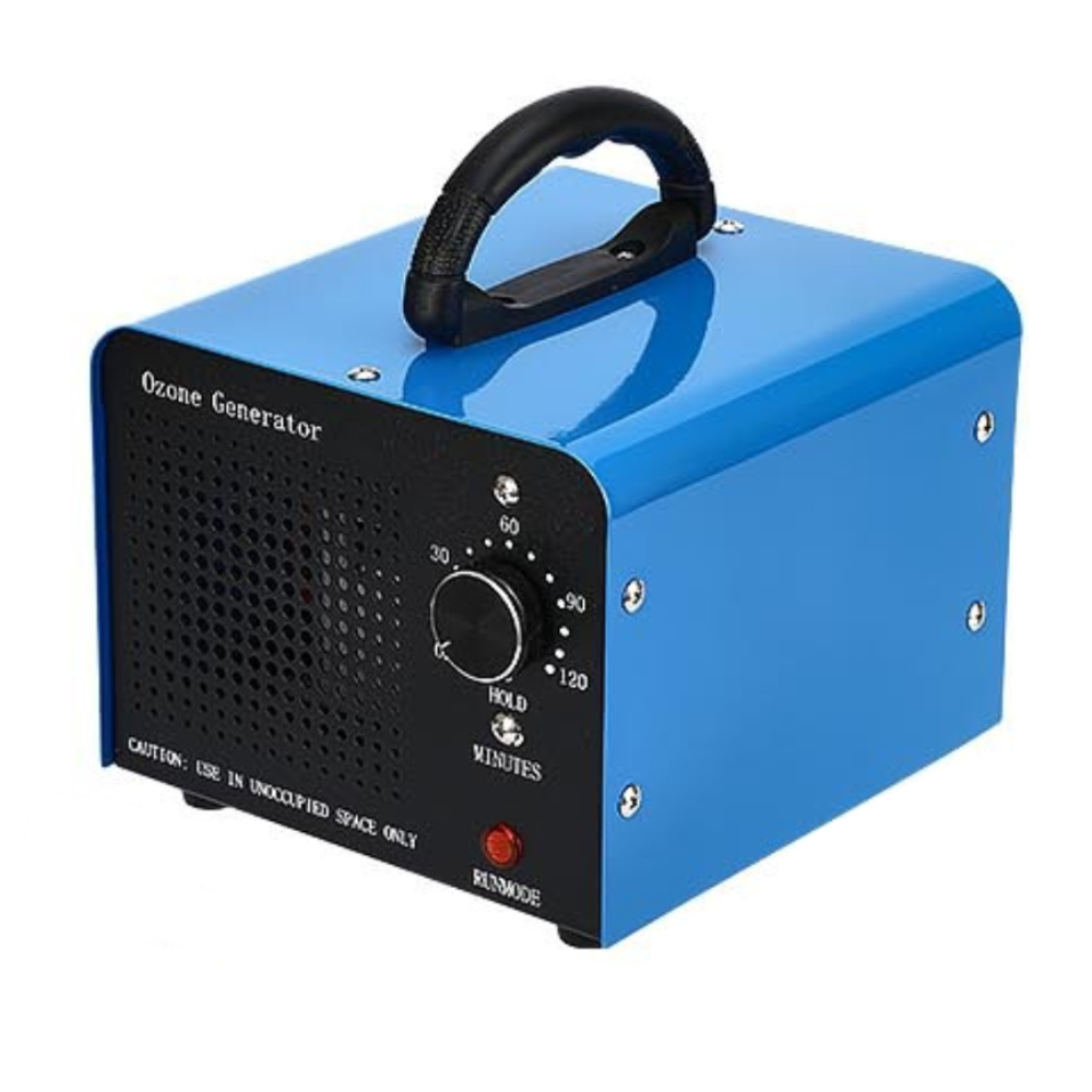 Blauer Ozongenerator mit schwarzem Griff und Drehregler. Text: Ozongenerator. Text: Achtung: Nur in unbesetzten Räumen verwenden.
