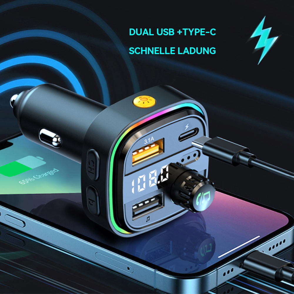 Autoladegerät mit Telefonaufladung, Anzeige 108.0 und weitere USB-Anschlüsse.