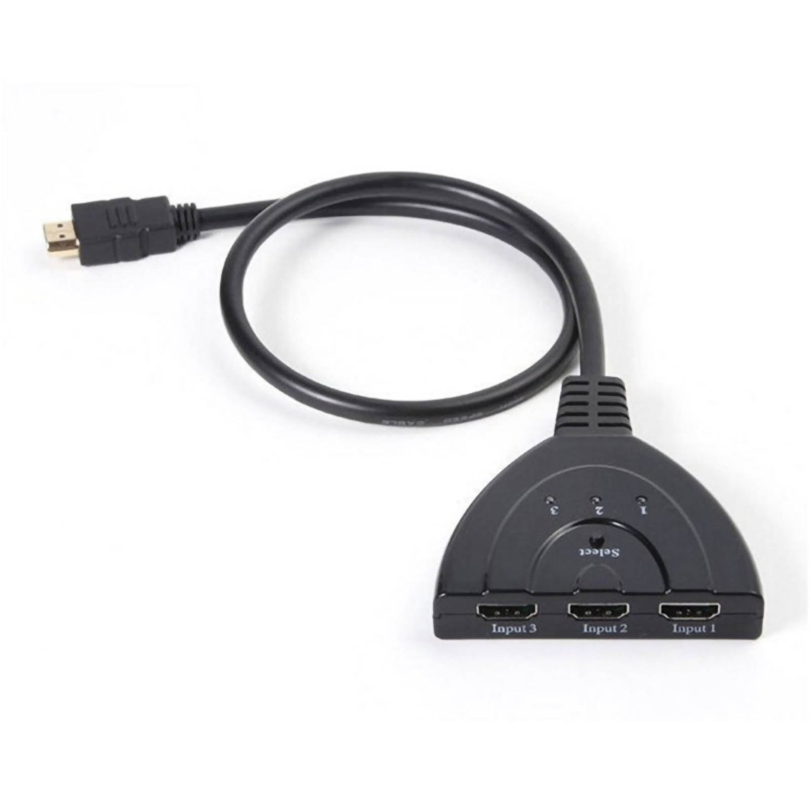 Schwarzer HDMI-Umschalter mit drei Eingängen. Schwarzes Kabel mit HDMI-Anschluss.