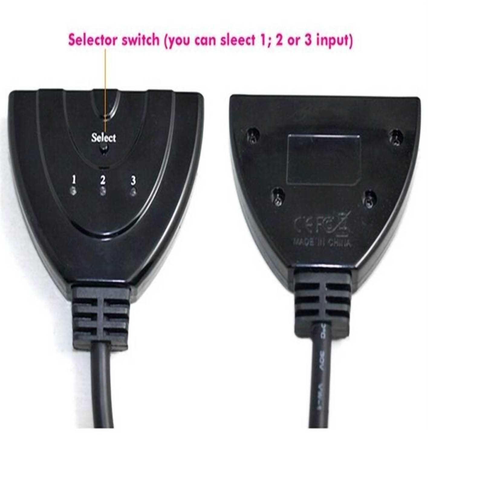 Zwei Ansichten eines schwarzen HDMI-Schalters, Vorder- und Rückseite mit Kabel.