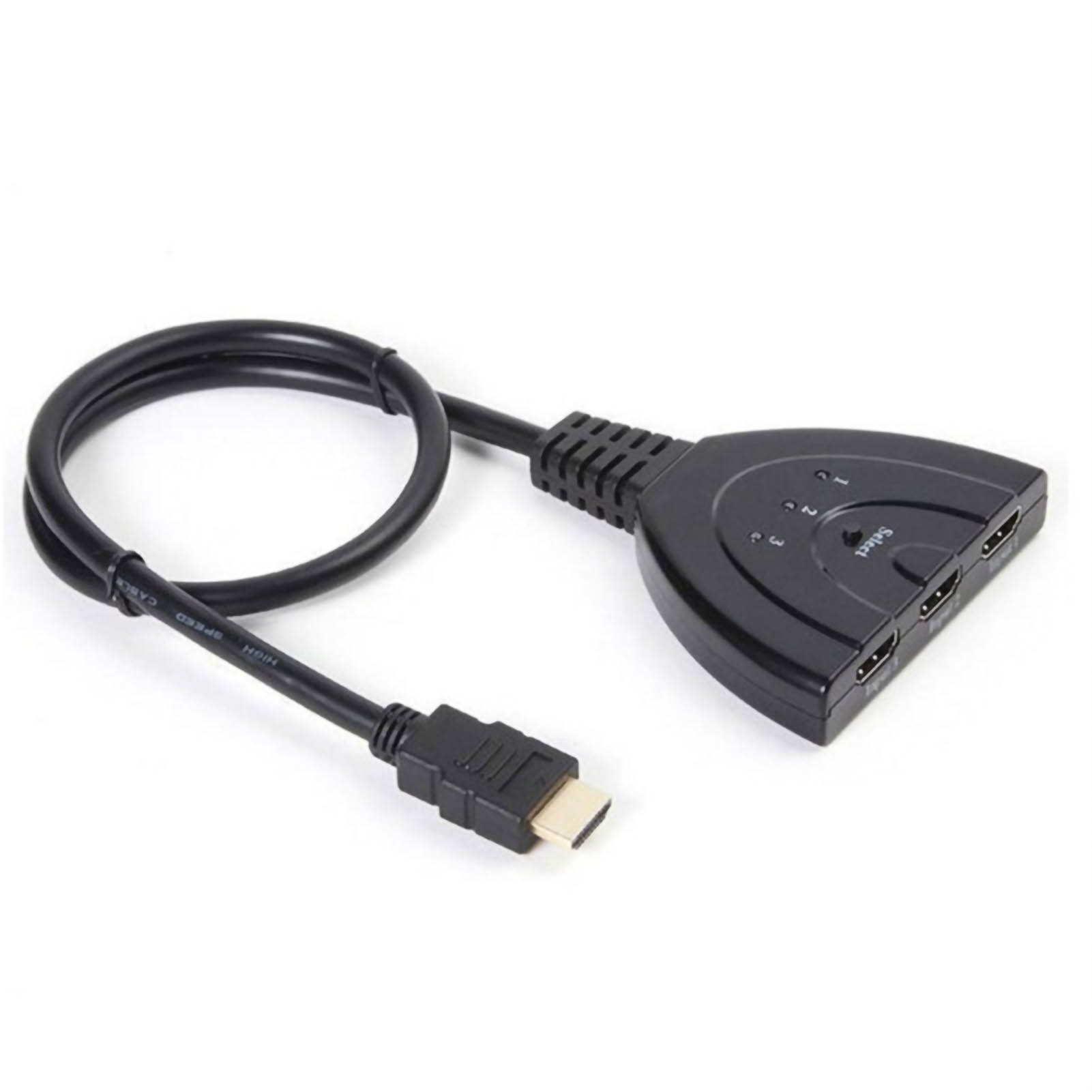 Schwarzer HDMI-Splitter mit angeschlossenen Kabeln und einer Auswahltaste.