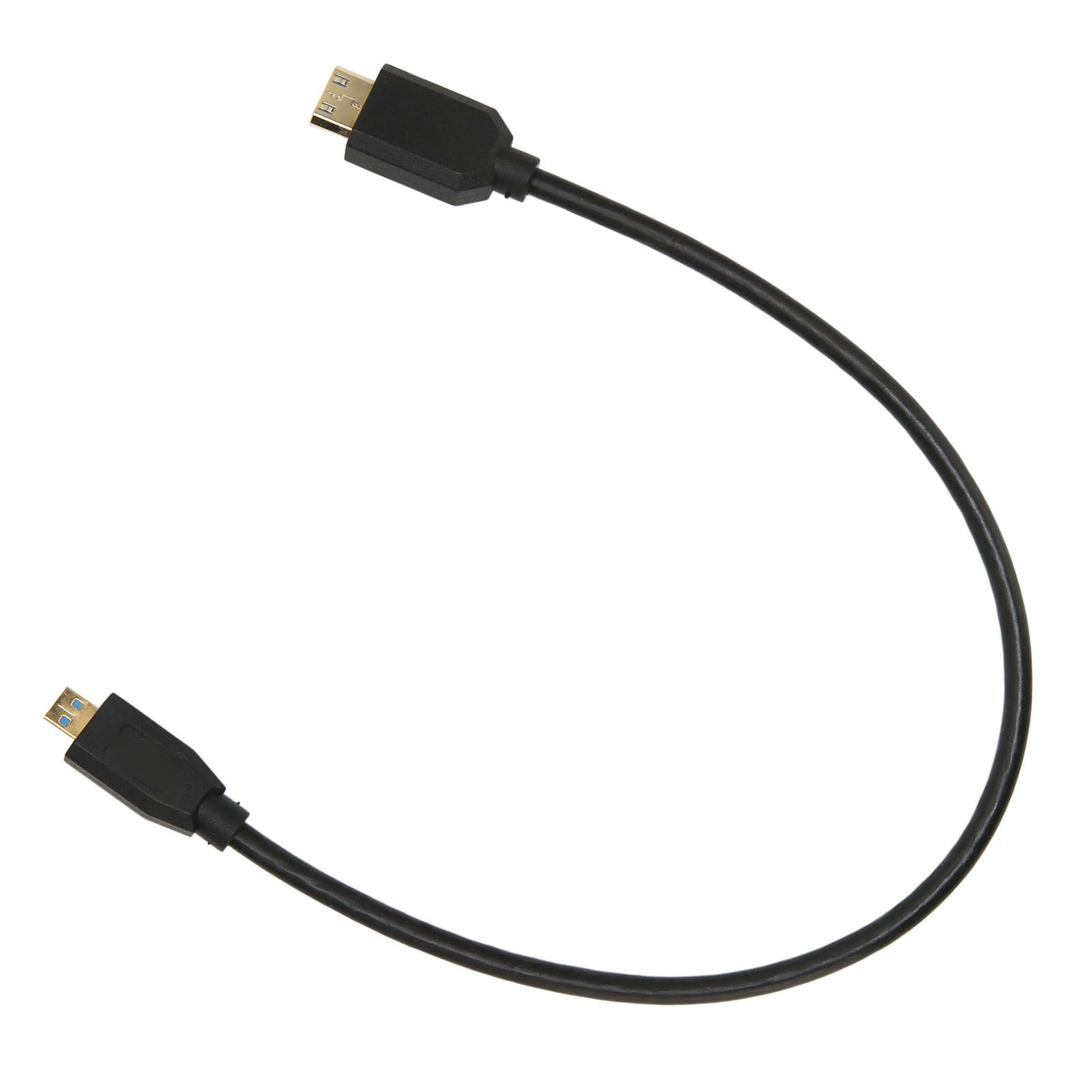 Schwarzes USB-Kabel mit zwei Steckern. Ein USB-A und ein Mini-USB.