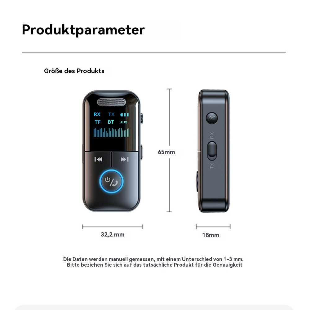 Produktspezifikationen eines kleinen schwarzen Geräts mit Abmessungen und Beschriftungen.