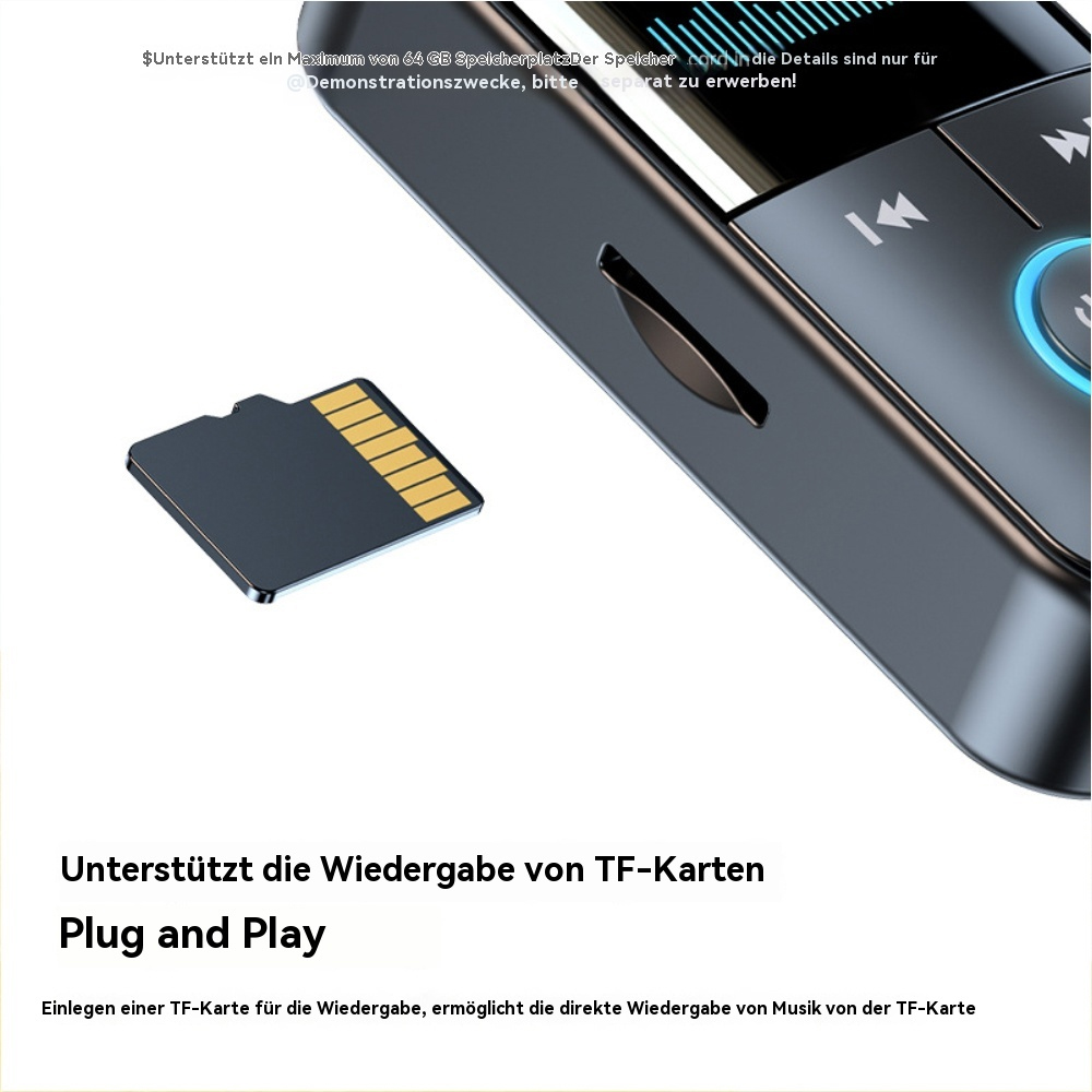 Schwarzes Gerät mit eingelegter TF-Karte. Text sagt: Unterstützt die TF-Kartenwiedergabe.