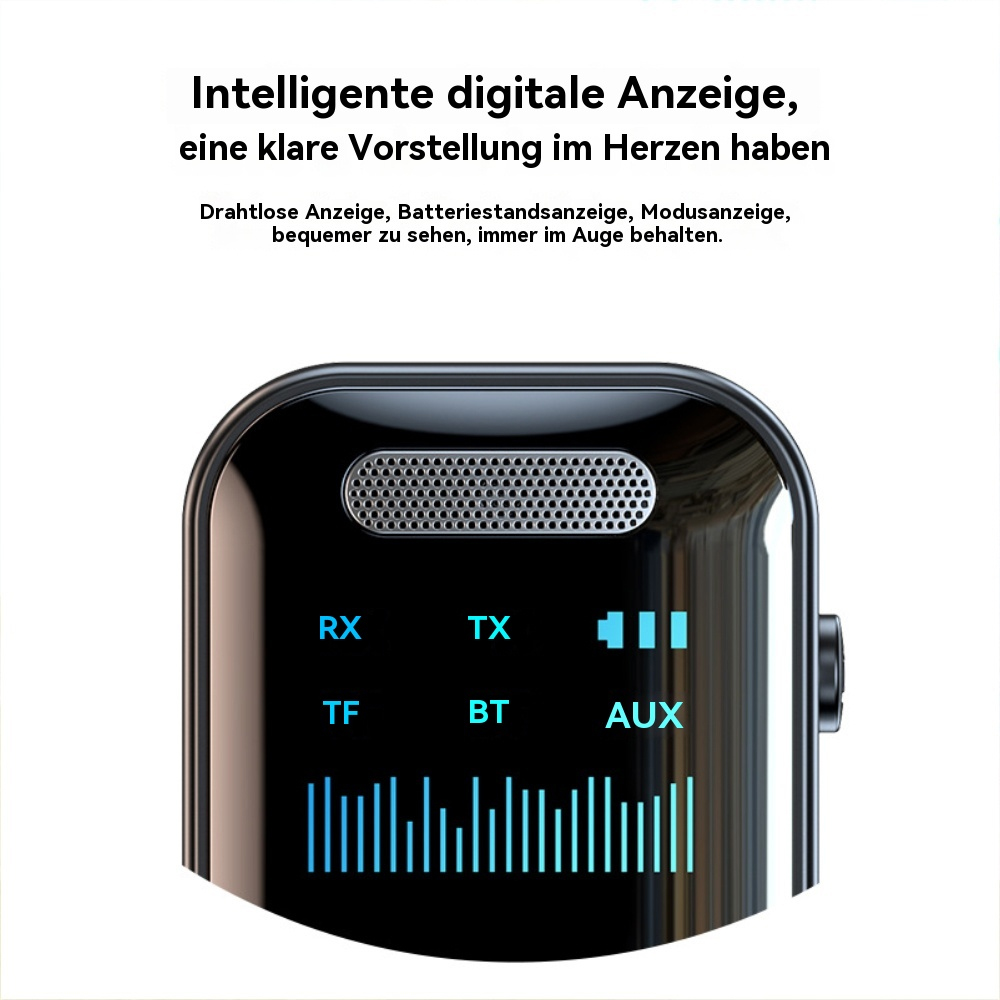 Nahaufnahme eines schwarzen Gerätebildschirms mit Text und Akkustand.