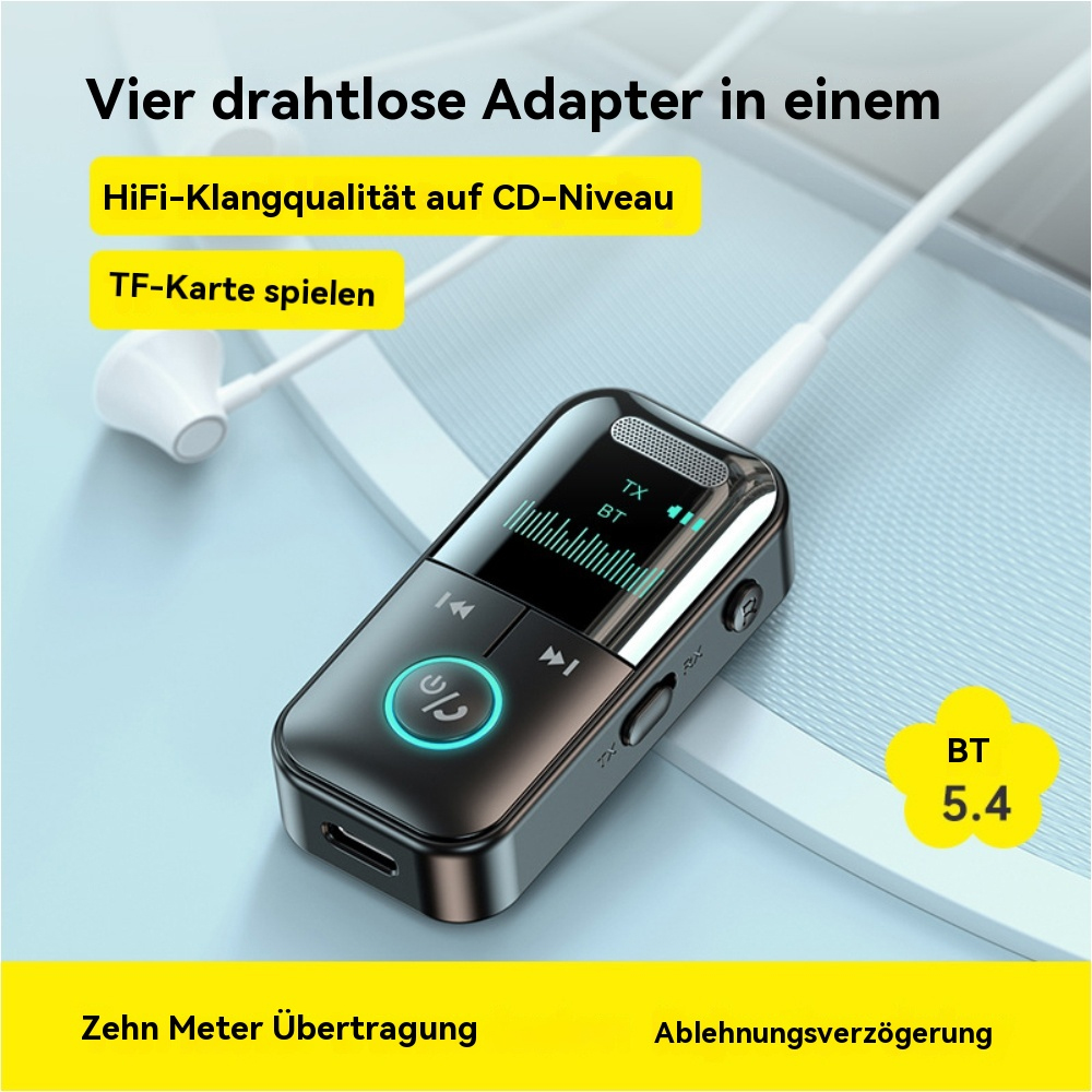 Schwarzes Gerät mit Bildschirm, Knöpfen und Anschluss. Weißes Kopfhörerkabel verbunden.