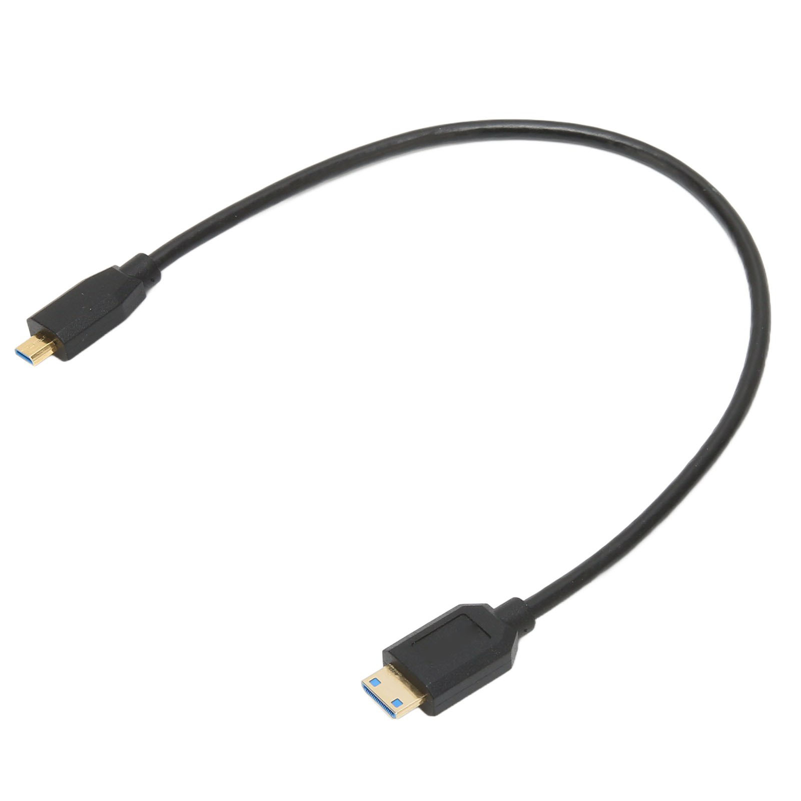 Schwarzes USB-Kabel mit zwei Steckern. Ein USB-A und ein Mini-USB.