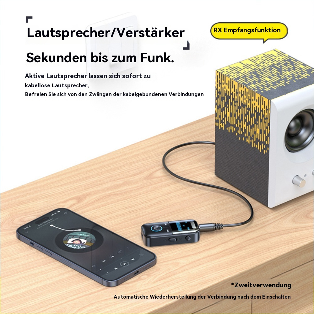 Schwarzes Gerät, das mit einem Smartphone, das Musik abspielt, mit einem Lautsprecher verbunden ist.