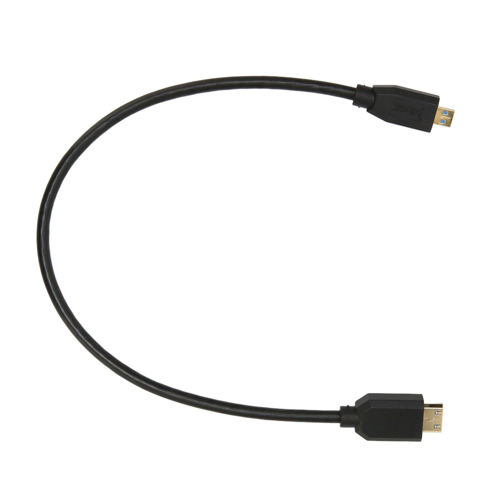Ein schwarzes HDMI-zu-Micro-HDMI-Kabel in gebogener Form vor weißem Hintergrund.