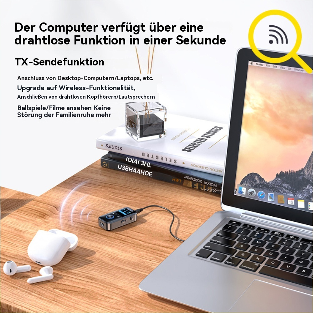 Laptop, drahtloses Gerät und Ohrhörer auf einem Holztisch. Text-Overlay.