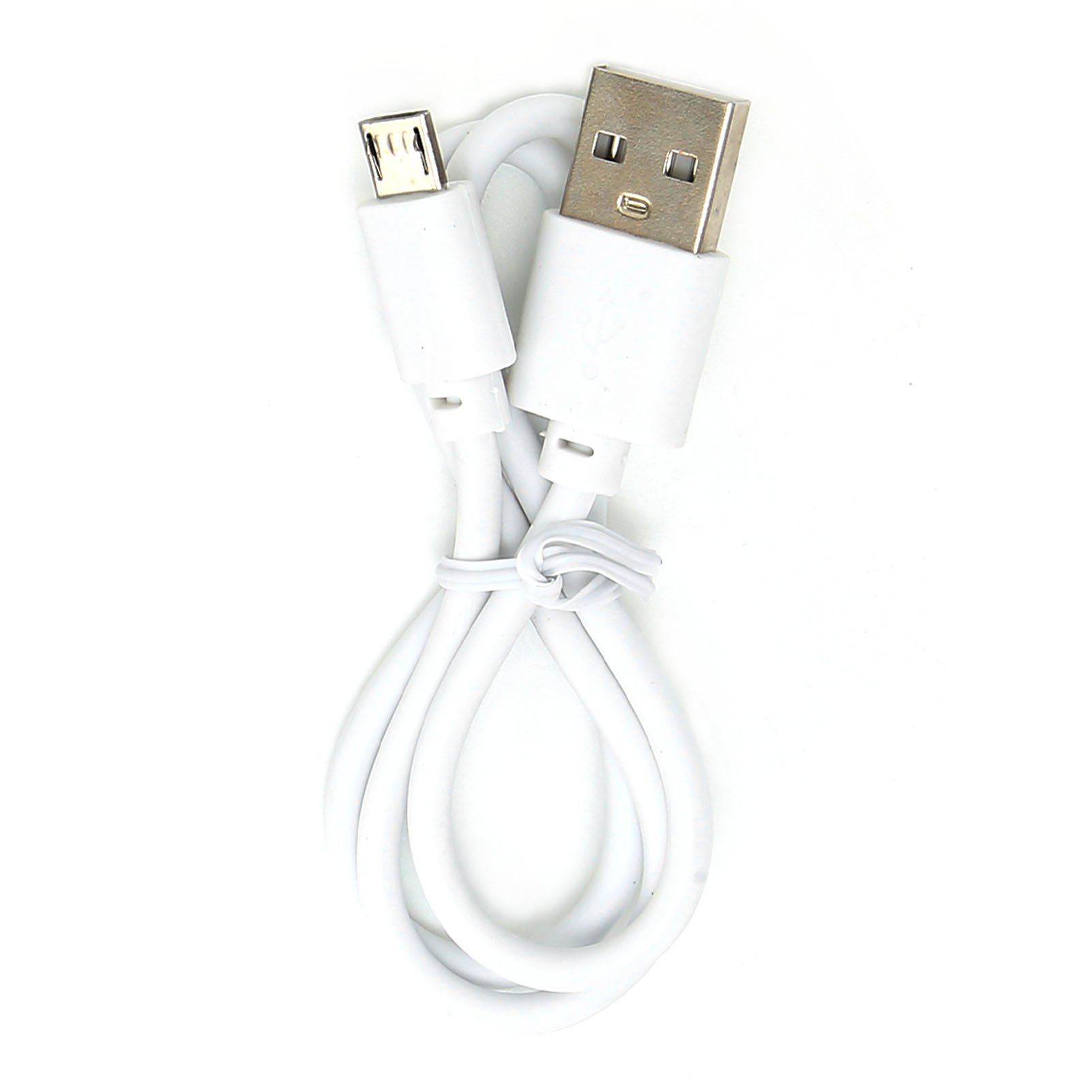 Ein weißes USB-Kabel. Das Kabel verbindet einen USB-A-Anschluss mit einem Micro-USB-Anschluss.